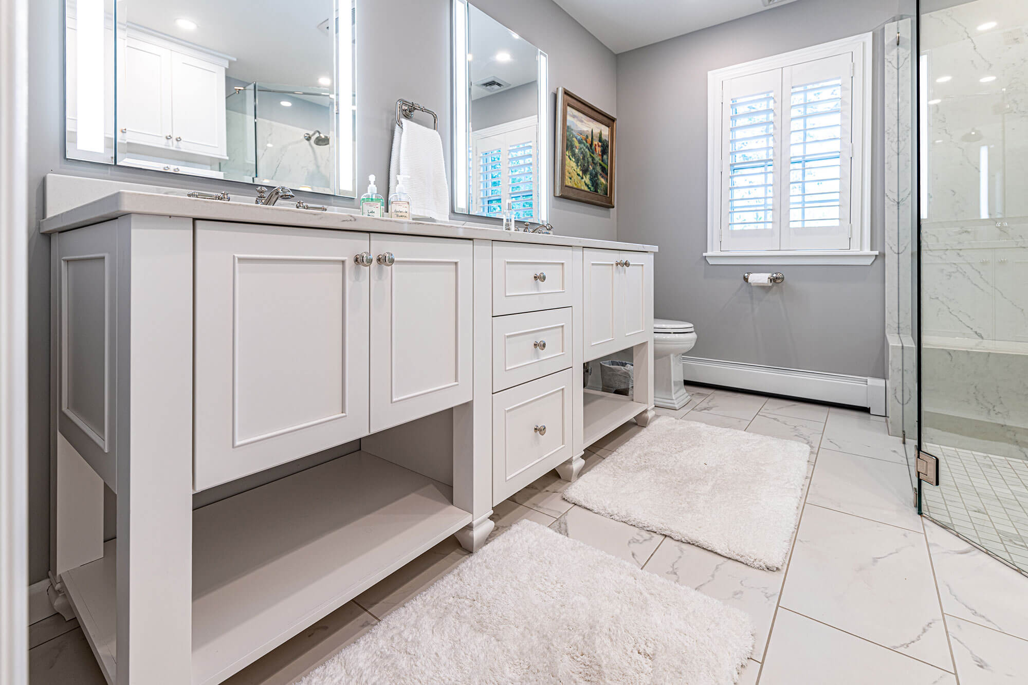 Soft Gray and White Custom Bath Design with Glass Shower, Malvern, PA